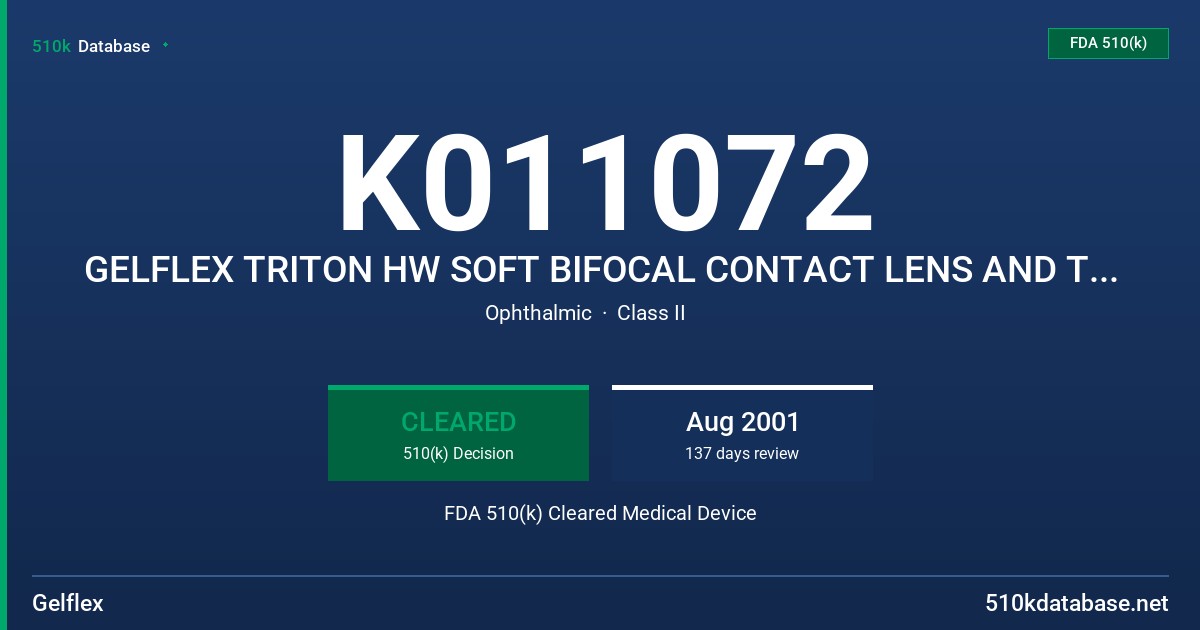 K011072 GELFLEX TRITON HW SOFT BIFOCAL CONTACT LENS AND THE GELFLEX TRITON SOFT BIFOCAL CONTACT LENS FDA 510(k) Cleared Medical Device