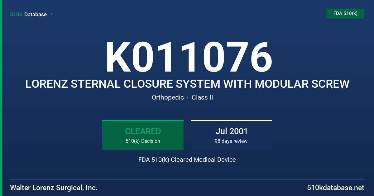 K011076 LORENZ STERNAL CLOSURE SYSTEM WITH MODULAR SCREW FDA 510(k) Cleared Medical Device