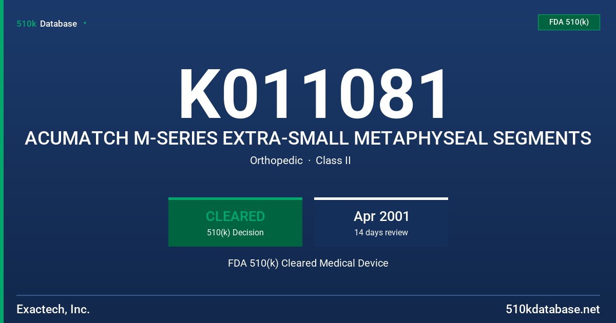 K011081 ACUMATCH M-SERIES EXTRA-SMALL METAPHYSEAL SEGMENTS FDA 510(k) Cleared Medical Device