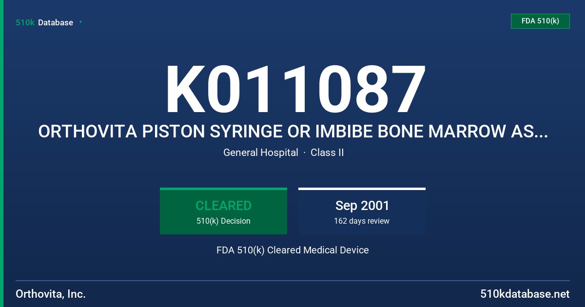 K011087 ORTHOVITA PISTON SYRINGE OR IMBIBE BONE MARROW ASPIRATION SYRINGE FDA 510(k) Cleared Medical Device
