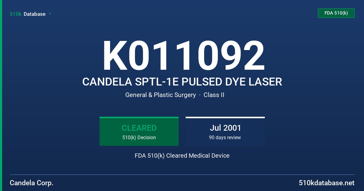 K011092 CANDELA SPTL-1E PULSED DYE LASER FDA 510(k) Cleared Medical Device