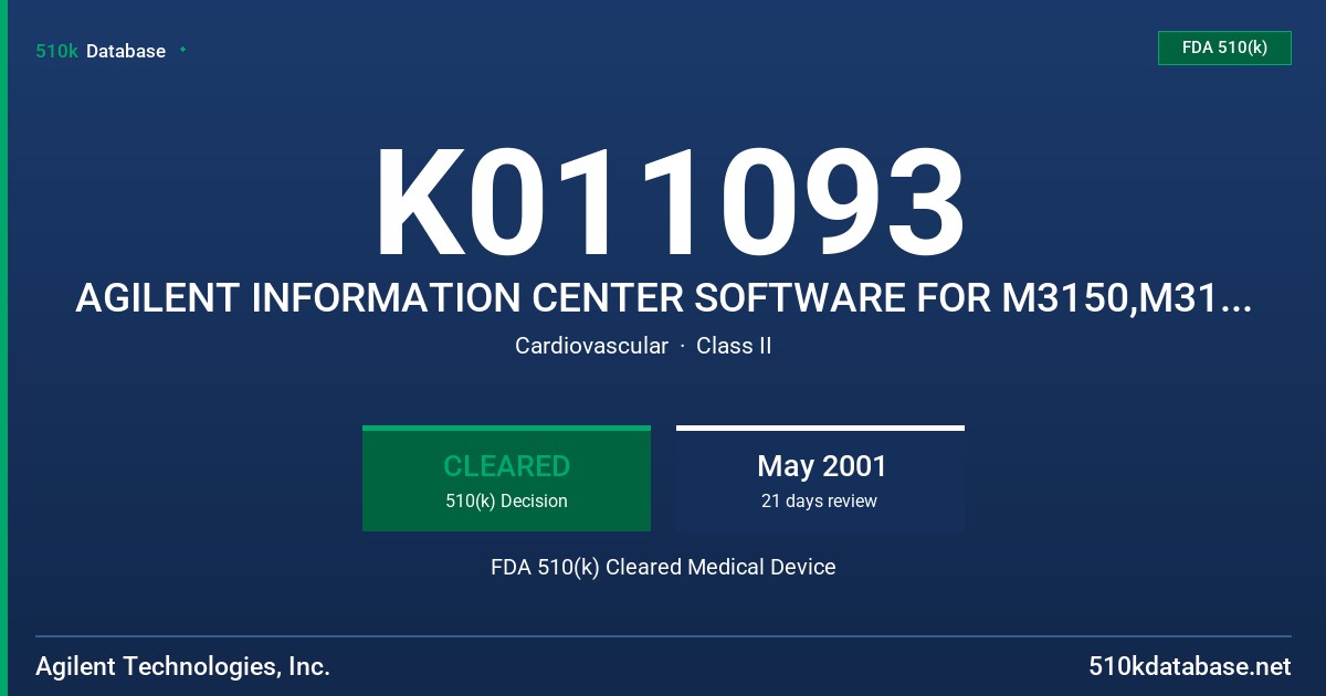 K011093 AGILENT INFORMATION CENTER SOFTWARE FOR M3150,M3151,M3153 AND M3154 FDA 510(k) Cleared Medical Device