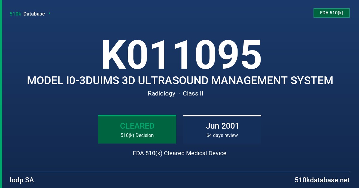 K011095 MODEL I0-3DUIMS 3D ULTRASOUND MANAGEMENT SYSTEM FDA 510(k) Cleared Medical Device