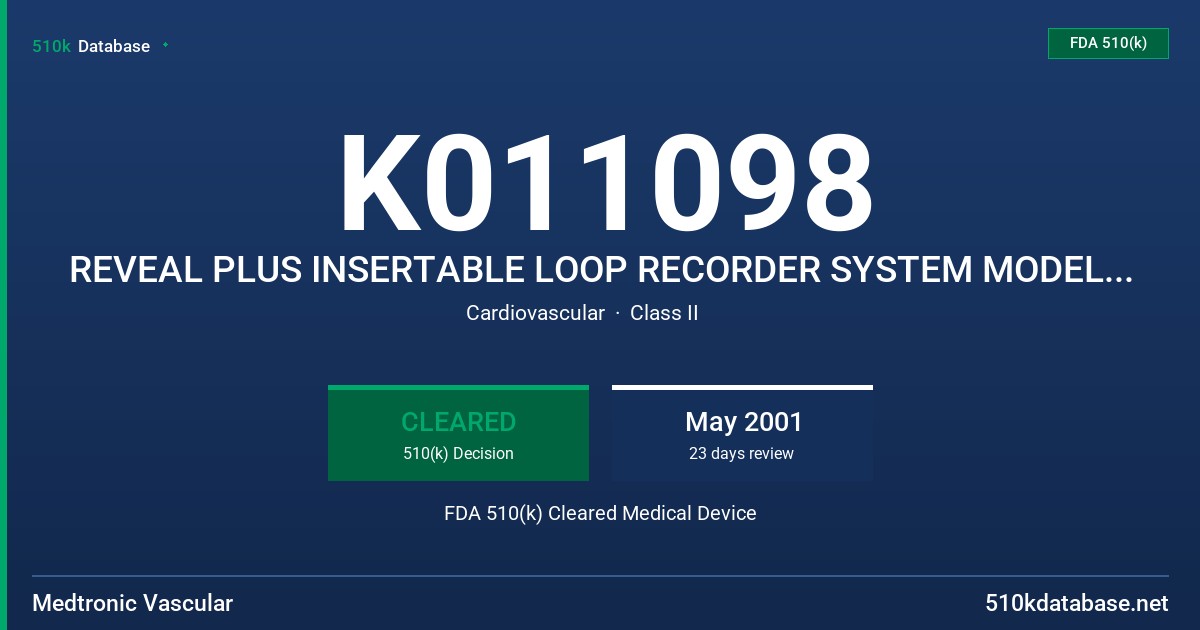K011098 REVEAL PLUS INSERTABLE LOOP RECORDER SYSTEM MODEL 9526 IMPLANTABLE RECORDER AND MODEL 6191 PATIENT ACTIVATOR FDA 510(k) Cleared Medical Device