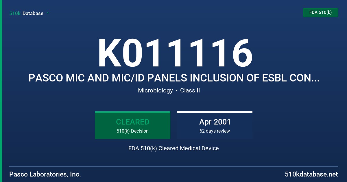 K011116 PASCO MIC AND MIC/ID PANELS INCLUSION OF ESBL CONFIRMATORY TEST FDA 510(k) Cleared Medical Device