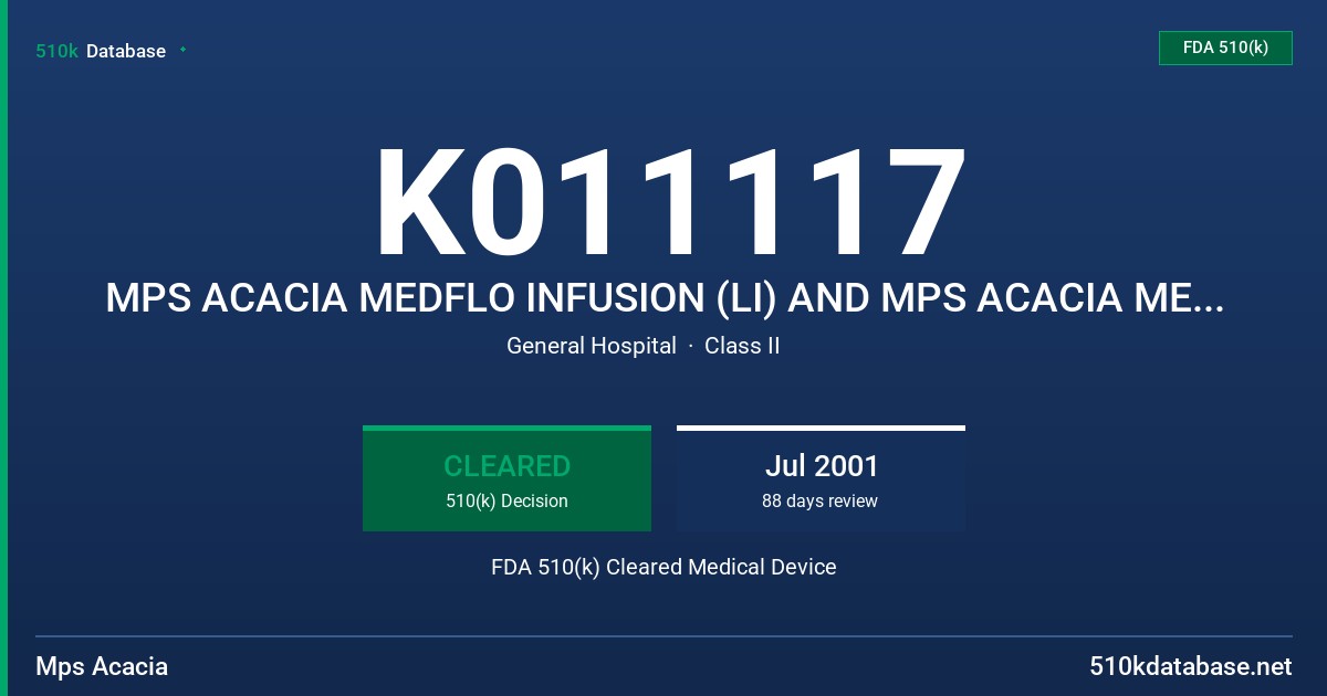 K011117 MPS ACACIA MEDFLO INFUSION (LI) AND MPS ACACIA MEDFLO INFUSION (LI) KEEP VEIN OPEN (KVO) ELASTOMERIC PUMPS FDA 510(k) Cleared Medical Device
