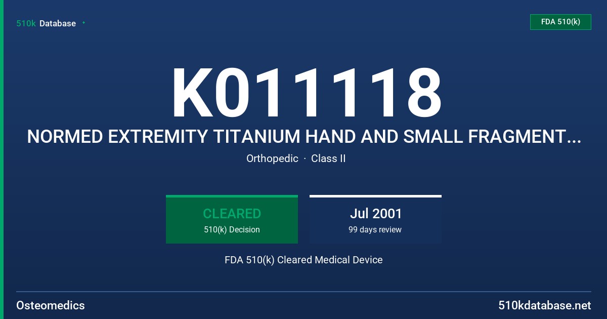K011118 NORMED EXTREMITY TITANIUM HAND AND SMALL FRAGMENT SYSTEM FDA 510(k) Cleared Medical Device
