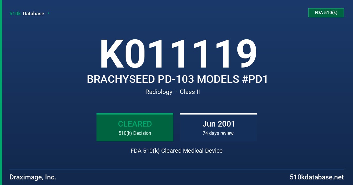 K011119 BRACHYSEED PD-103 MODELS #PD1 FDA 510(k) Cleared Medical Device