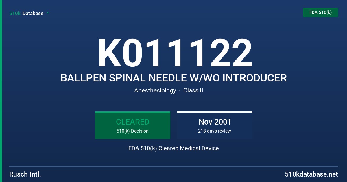 K011122 BALLPEN SPINAL NEEDLE W/WO INTRODUCER FDA 510(k) Cleared Medical Device