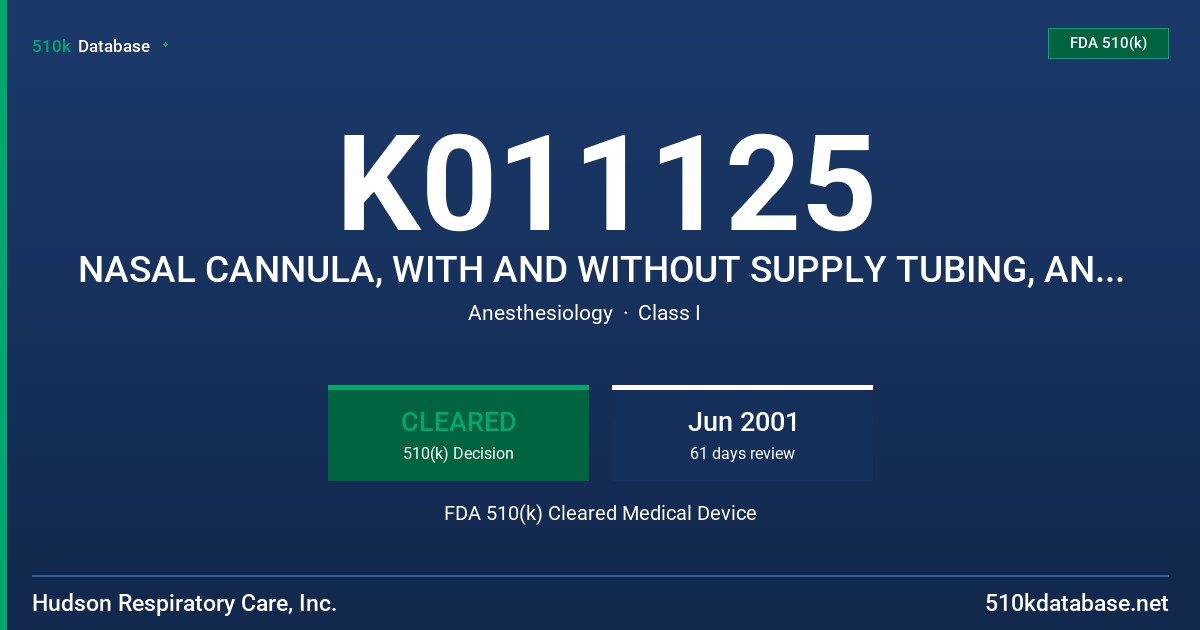 K011125 NASAL CANNULA, WITH AND WITHOUT SUPPLY TUBING, AND OTHER SIMILAR NASAL CANNULA MANUFACTURED BY HRCI FDA 510(k) Cleared Medical Device