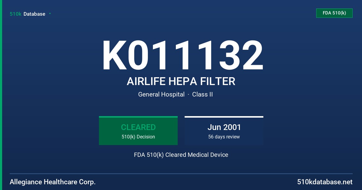 K011132 AIRLIFE HEPA FILTER FDA 510(k) Cleared Medical Device