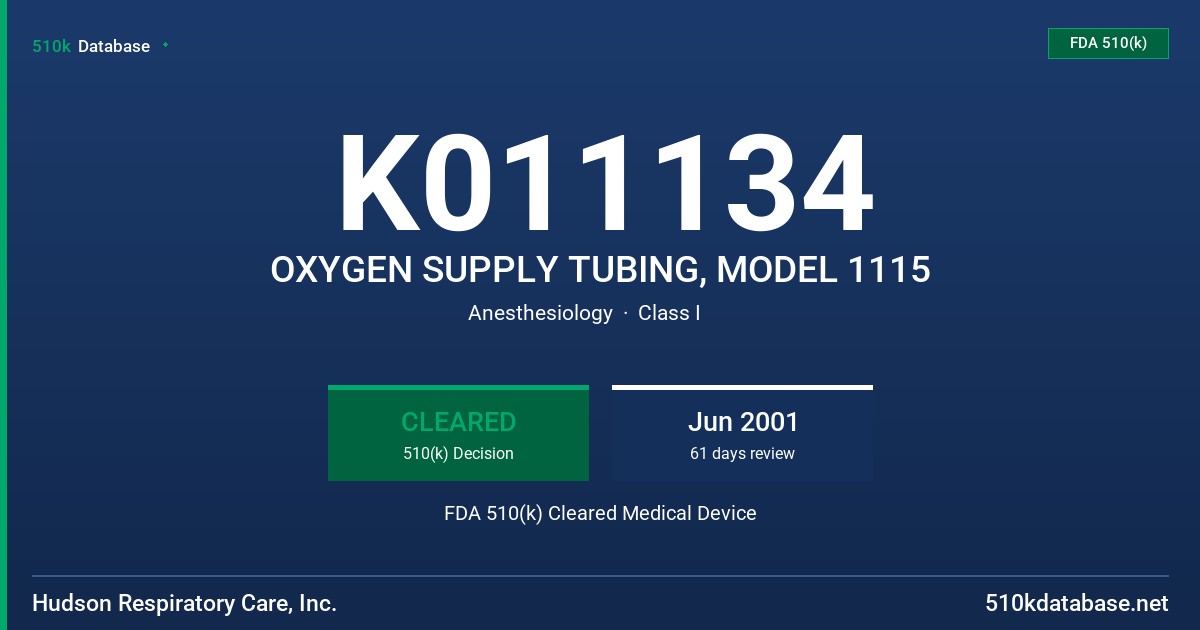 K011134 OXYGEN SUPPLY TUBING, MODEL 1115 FDA 510(k) Cleared Medical Device