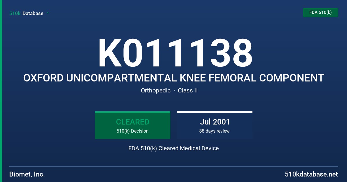 K011138 OXFORD UNICOMPARTMENTAL KNEE FEMORAL COMPONENT FDA 510(k) Cleared Medical Device