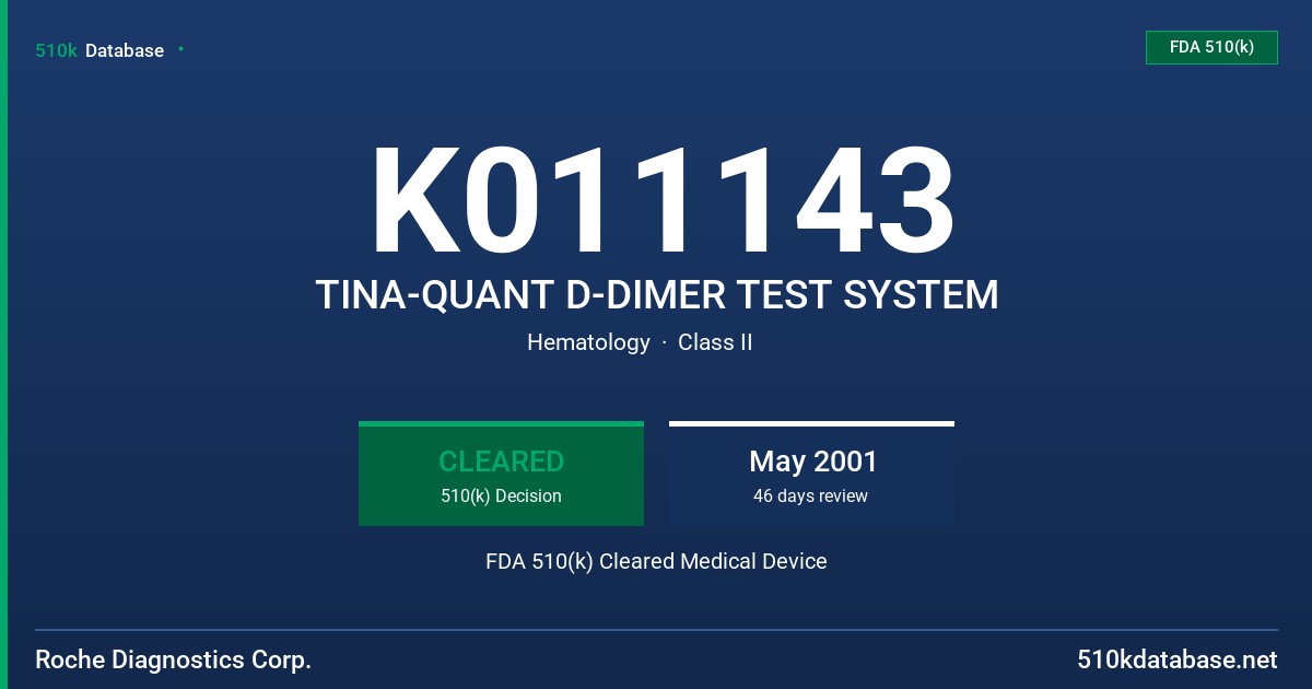 K011143 TINA-QUANT D-DIMER TEST SYSTEM FDA 510(k) Cleared Medical Device