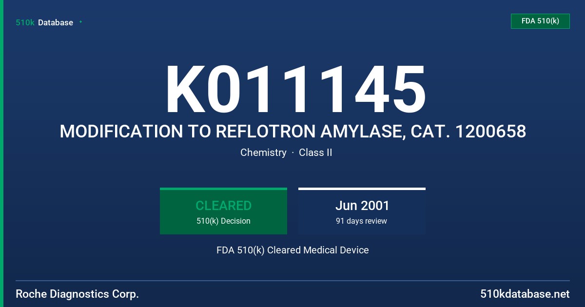 K011145 MODIFICATION TO REFLOTRON AMYLASE, CAT. 1200658 FDA 510(k) Cleared Medical Device