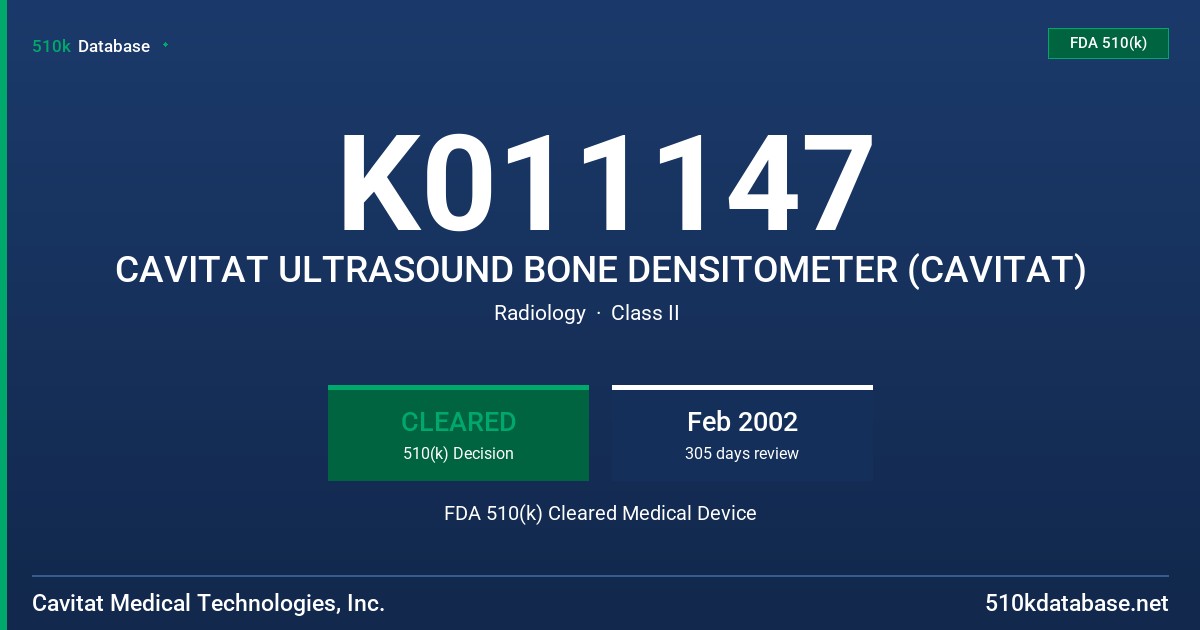 K011147 CAVITAT ULTRASOUND BONE DENSITOMETER (CAVITAT) FDA 510(k) Cleared Medical Device