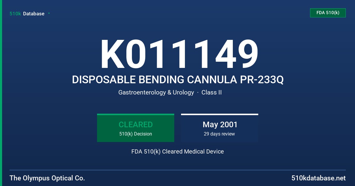 K011149 DISPOSABLE BENDING CANNULA PR-233Q FDA 510(k) Cleared Medical Device