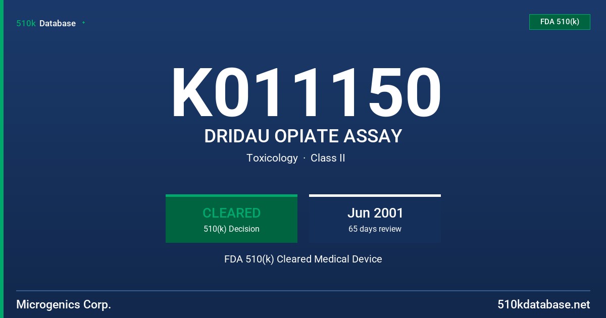 K011150 DRIDAU OPIATE ASSAY FDA 510(k) Cleared Medical Device