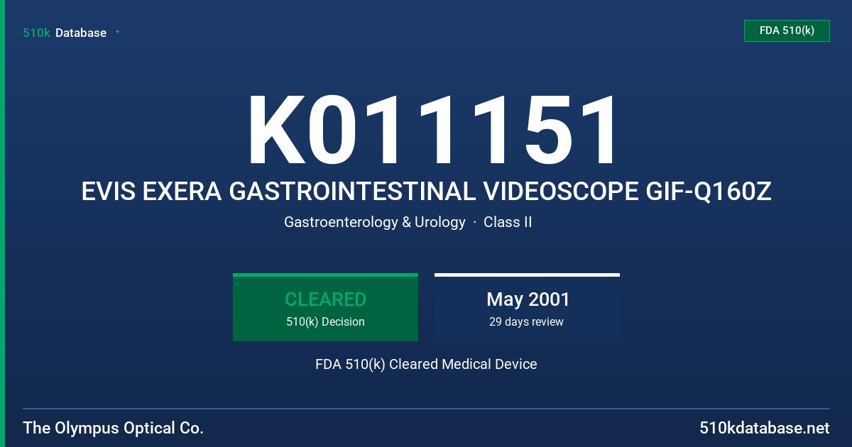 K011151 EVIS EXERA GASTROINTESTINAL VIDEOSCOPE GIF-Q160Z FDA 510(k) Cleared Medical Device