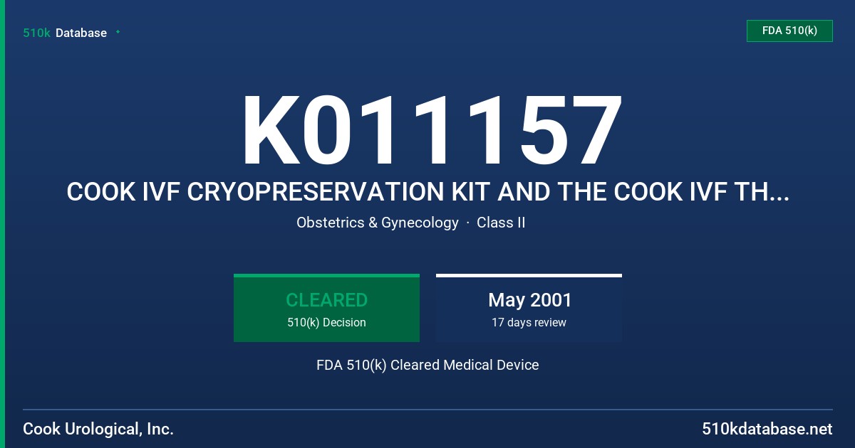 K011157 COOK IVF CRYOPRESERVATION KIT AND THE COOK IVF THAW KIT FDA 510(k) Cleared Medical Device