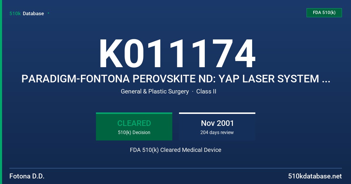 K011174 PARADIGM-FONTONA PEROVSKITE ND: YAP LASER SYSTEM AND ACCESSORIES FDA 510(k) Cleared Medical Device