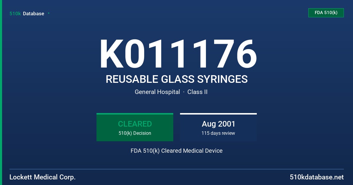 K011176 REUSABLE GLASS SYRINGES FDA 510(k) Cleared Medical Device