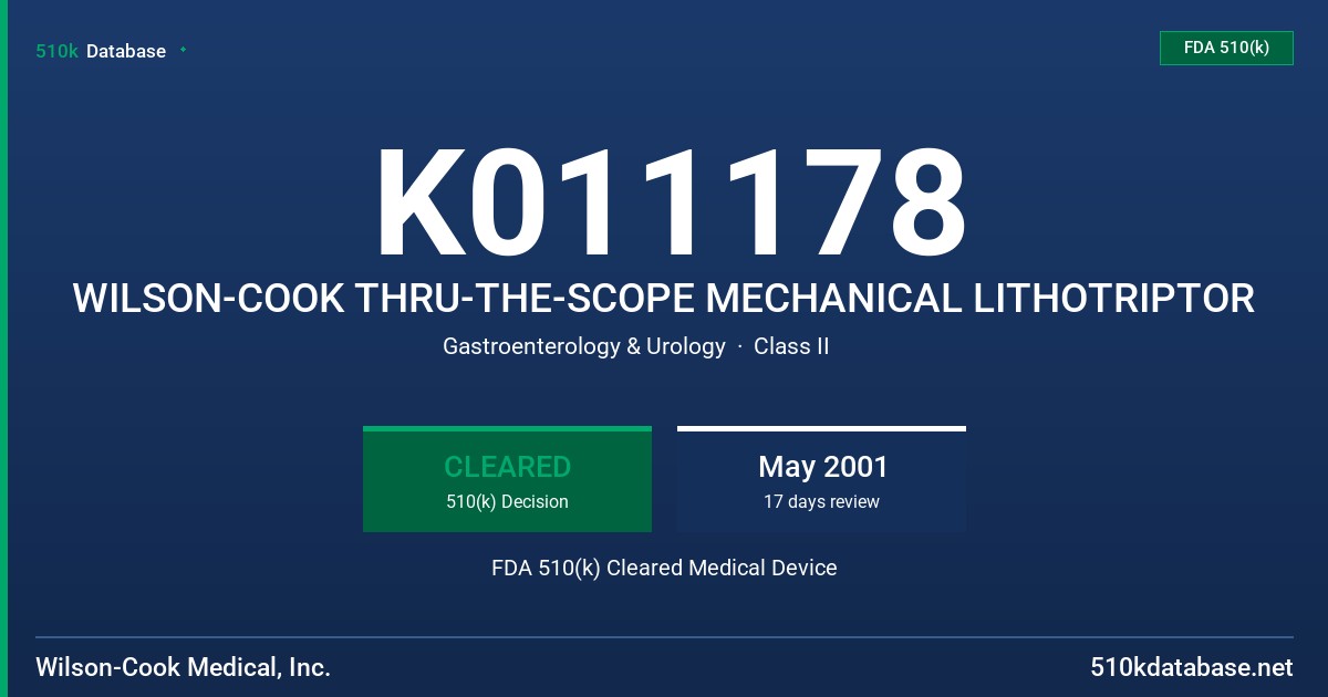 K011178 WILSON-COOK THRU-THE-SCOPE MECHANICAL LITHOTRIPTOR FDA 510(k) Cleared Medical Device