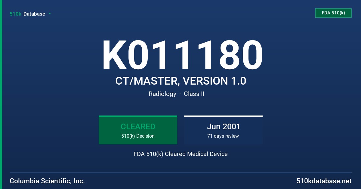 K011180 CT/MASTER, VERSION 1.0 FDA 510(k) Cleared Medical Device