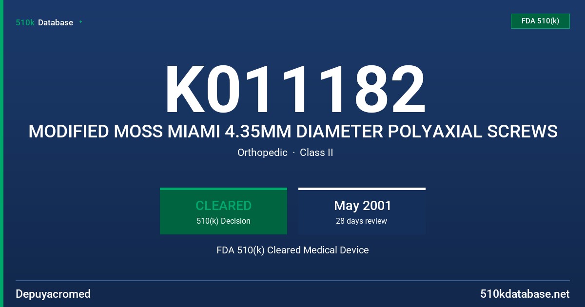 K011182 MODIFIED MOSS MIAMI 4.35MM DIAMETER POLYAXIAL SCREWS FDA 510(k) Cleared Medical Device
