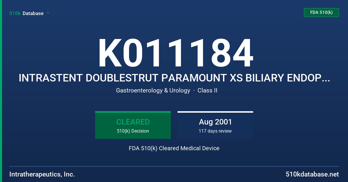 K011184 INTRASTENT DOUBLESTRUT PARAMOUNT XS BILIARY ENDOPROSTHESIS FDA 510(k) Cleared Medical Device