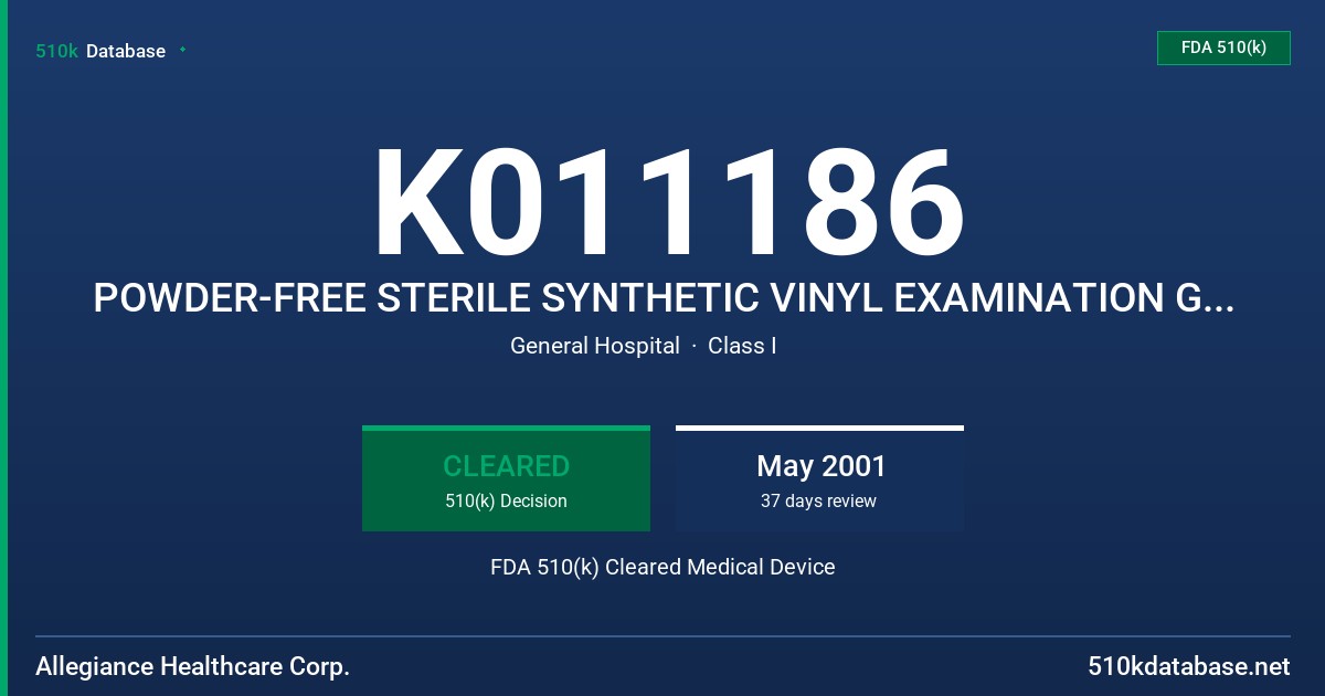 K011186 POWDER-FREE STERILE SYNTHETIC VINYL EXAMINATION GLOVES FDA 510(k) Cleared Medical Device