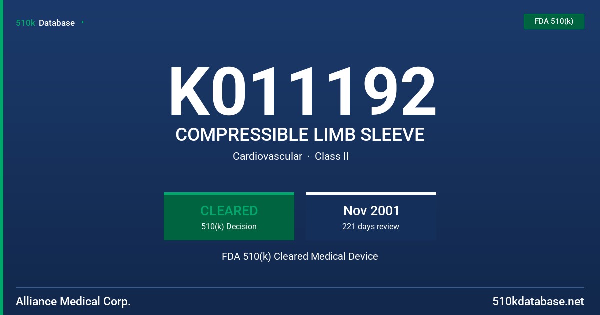 K011192 COMPRESSIBLE LIMB SLEEVE FDA 510(k) Cleared Medical Device