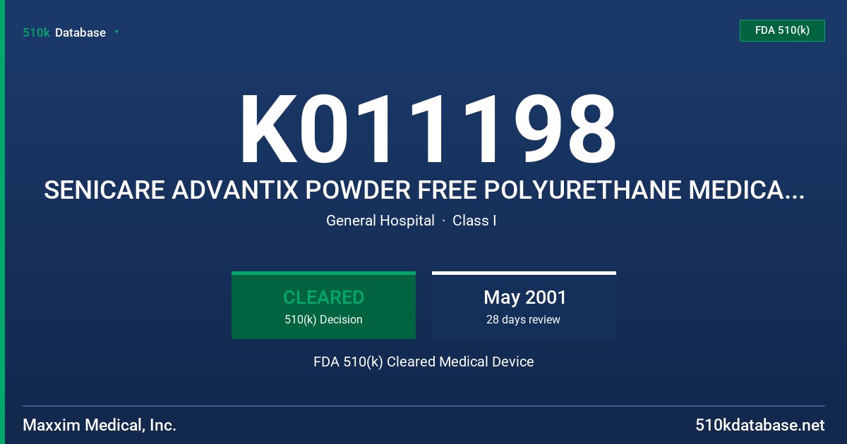 K011198 SENICARE ADVANTIX POWDER FREE POLYURETHANE MEDICAL EXAMINATION GLOVE, SENSICARE ADVANTIX POWDER FREE POLYURETHANE DENTAL FDA 510(k) Cleared Medical Device