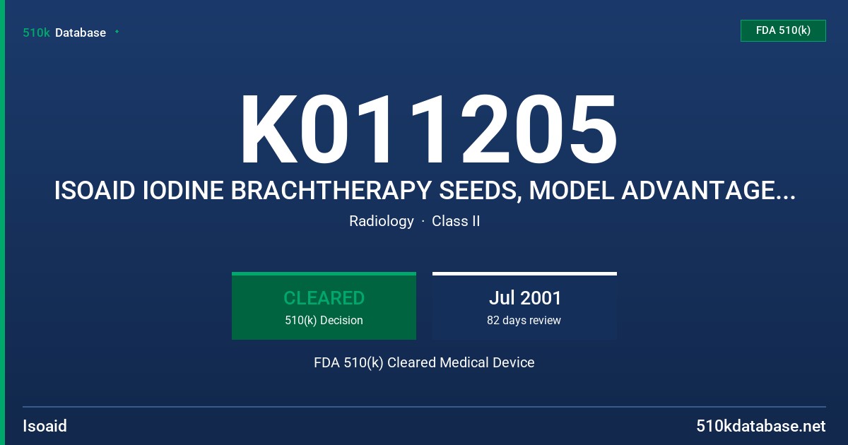 K011205 ISOAID IODINE BRACHTHERAPY SEEDS, MODEL ADVANTAGE I-125 FDA 510(k) Cleared Medical Device