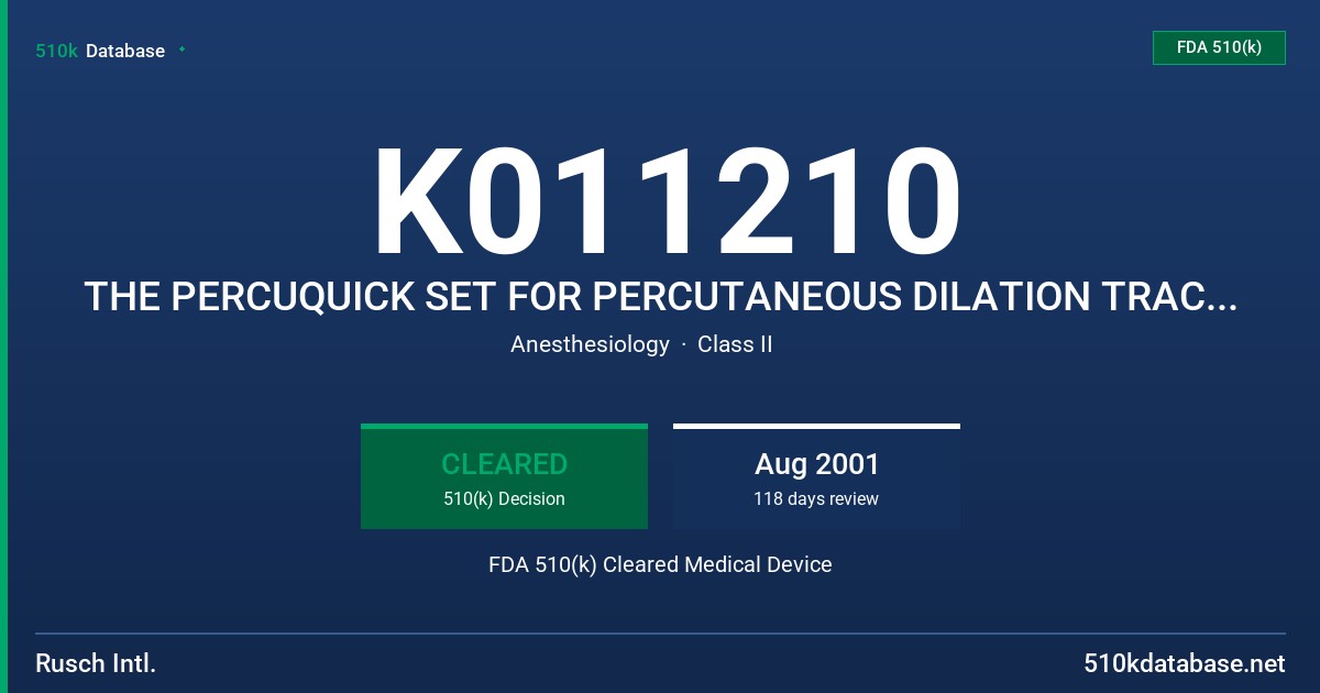 K011210 THE PERCUQUICK SET FOR PERCUTANEOUS DILATION TRACHEOSTOMY FDA 510(k) Cleared Medical Device