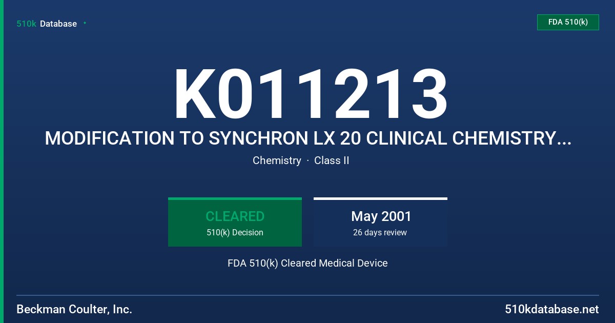 K011213 MODIFICATION TO SYNCHRON LX 20 CLINICAL CHEMISTRY SYSTEM FDA 510(k) Cleared Medical Device