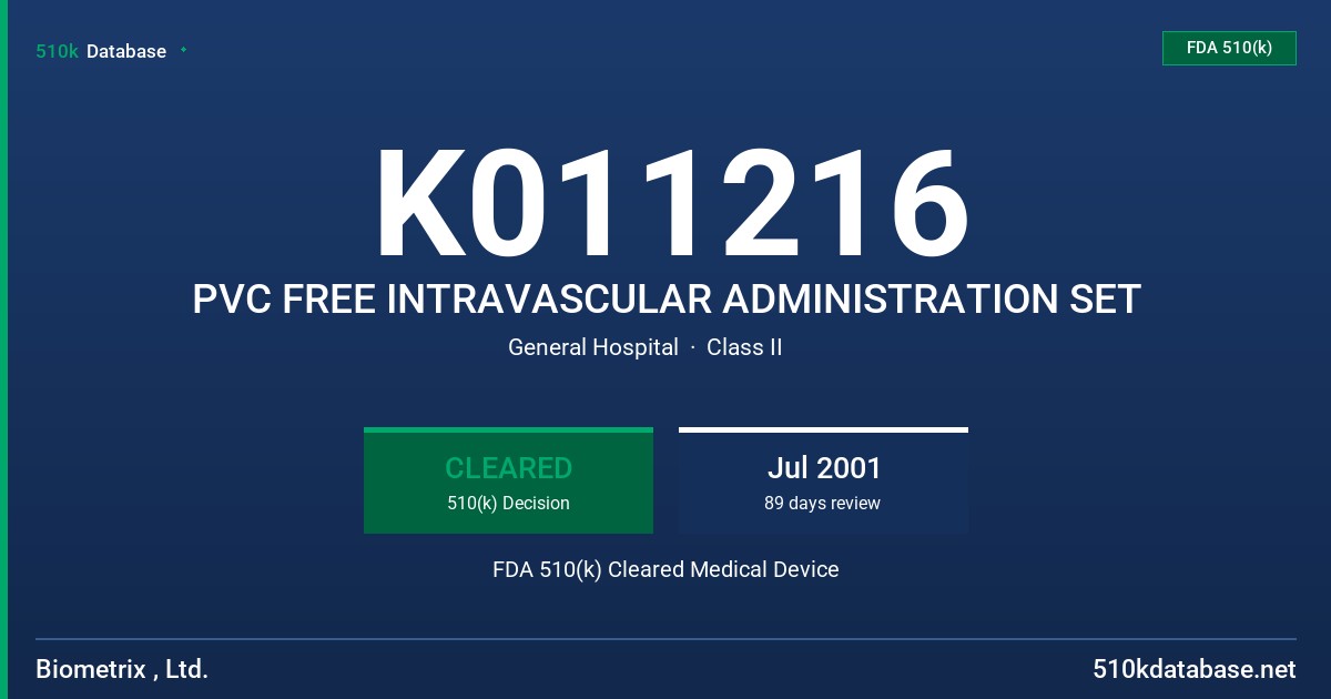K011216 PVC FREE INTRAVASCULAR ADMINISTRATION SET FDA 510(k) Cleared Medical Device