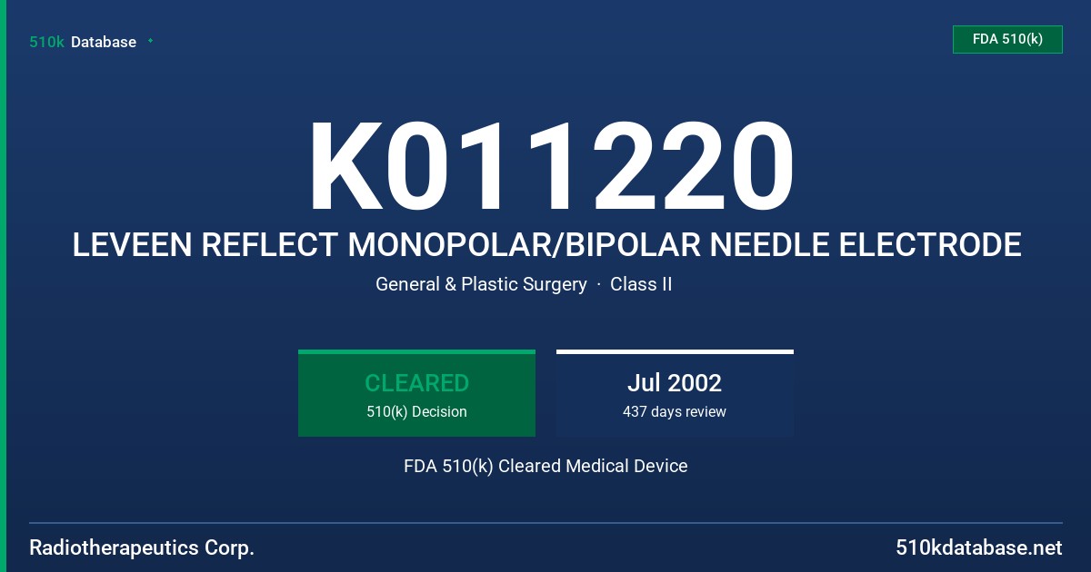 K011220 LEVEEN REFLECT MONOPOLAR/BIPOLAR NEEDLE ELECTRODE FDA 510(k) Cleared Medical Device