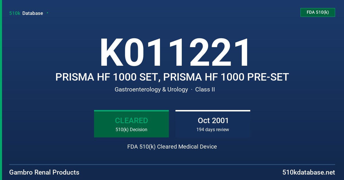 K011221 PRISMA HF 1000 SET, PRISMA HF 1000 PRE-SET FDA 510(k) Cleared Medical Device