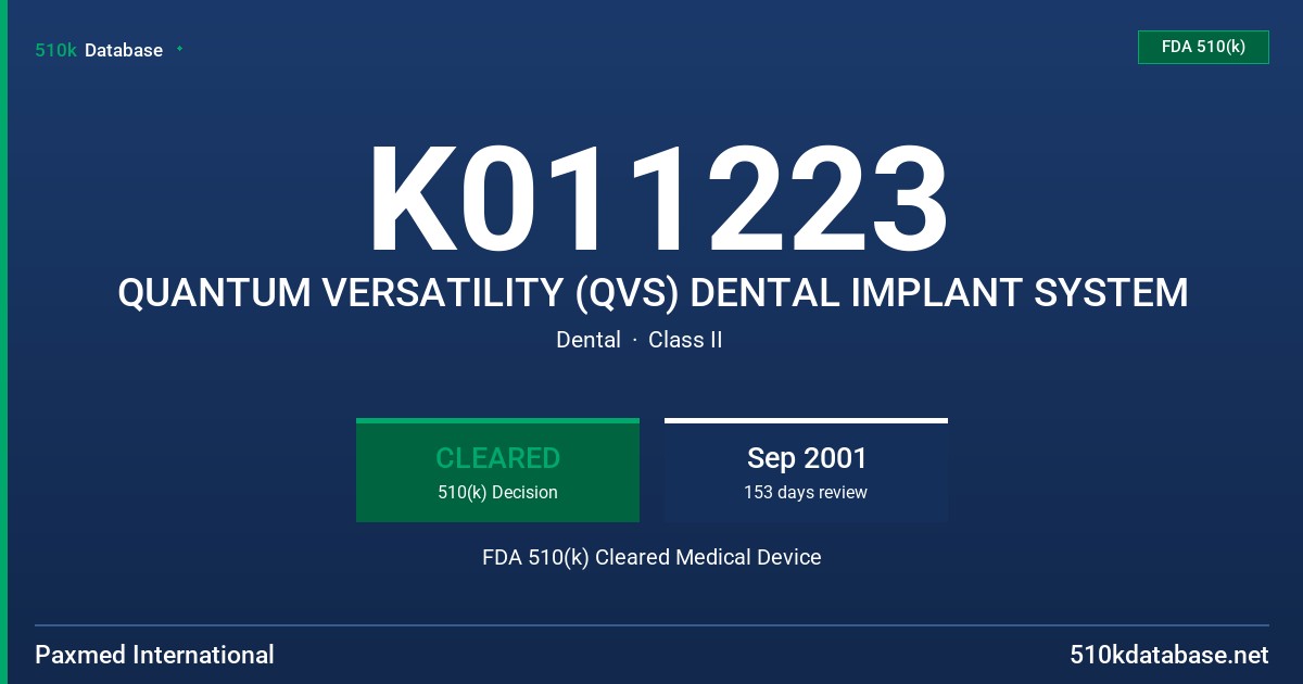 K011223 QUANTUM VERSATILITY (QVS) DENTAL IMPLANT SYSTEM FDA 510(k) Cleared Medical Device