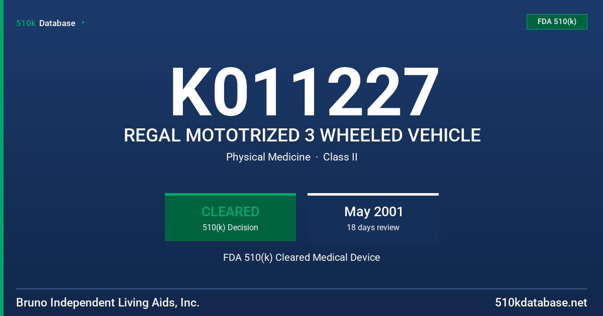 K011227 REGAL MOTOTRIZED 3 WHEELED VEHICLE FDA 510(k) Cleared Medical Device