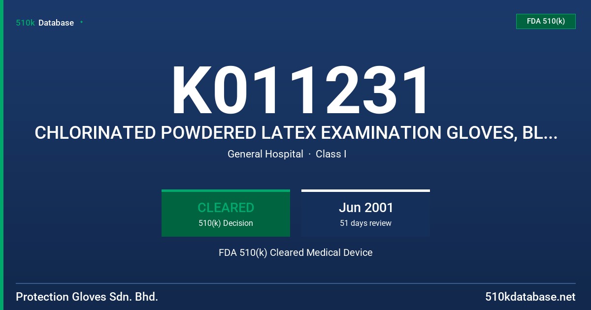 K011231 CHLORINATED POWDERED LATEX EXAMINATION GLOVES, BLUE, GREEN FDA 510(k) Cleared Medical Device
