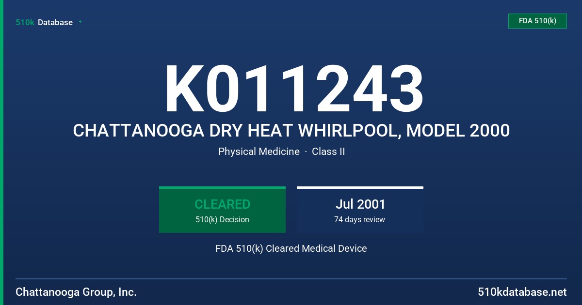 K011243 CHATTANOOGA DRY HEAT WHIRLPOOL, MODEL 2000 FDA 510(k) Cleared Medical Device