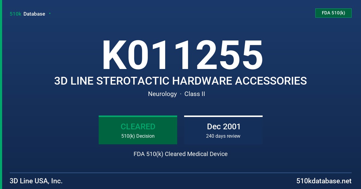 K011255 3D LINE STEROTACTIC HARDWARE ACCESSORIES FDA 510(k) Cleared Medical Device