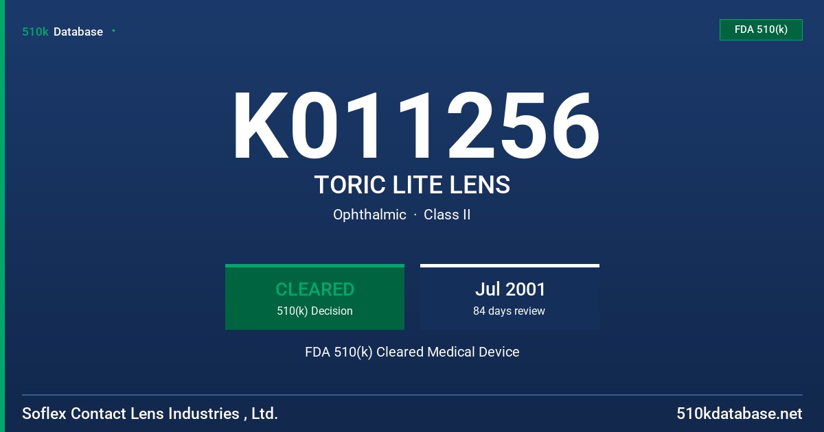 K011256 TORIC LITE LENS FDA 510(k) Cleared Medical Device