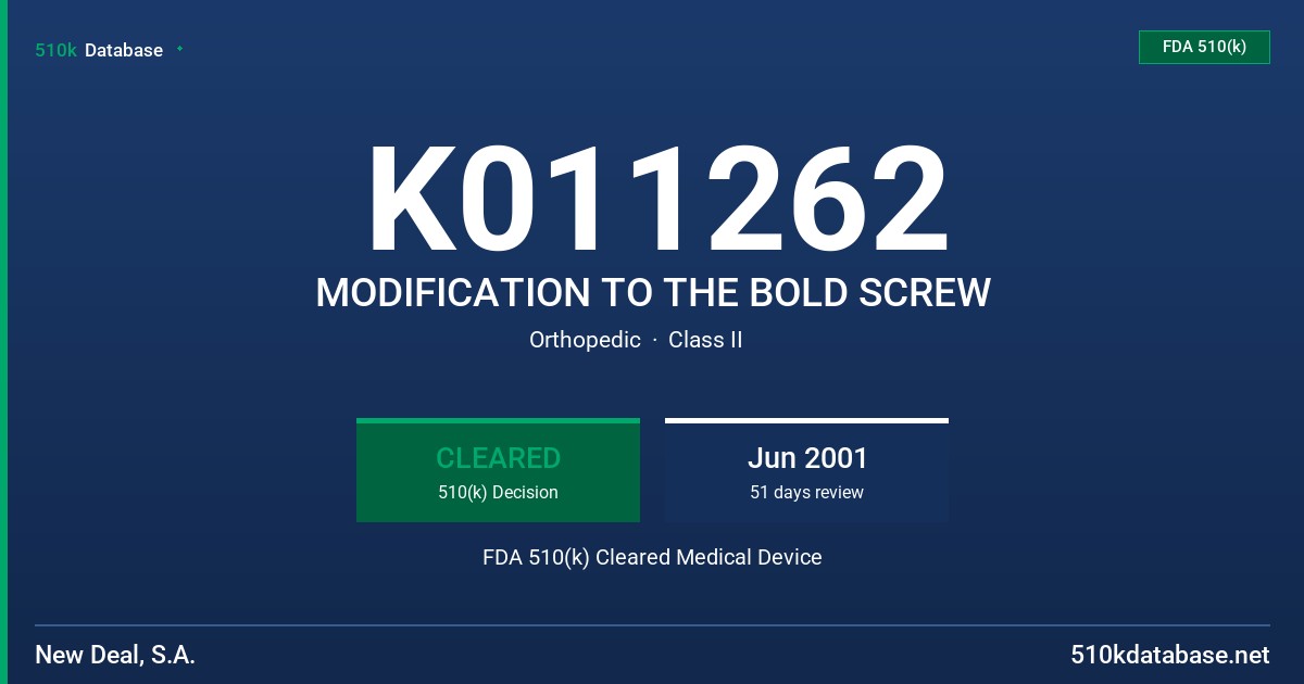 K011262 MODIFICATION TO THE BOLD SCREW FDA 510(k) Cleared Medical Device