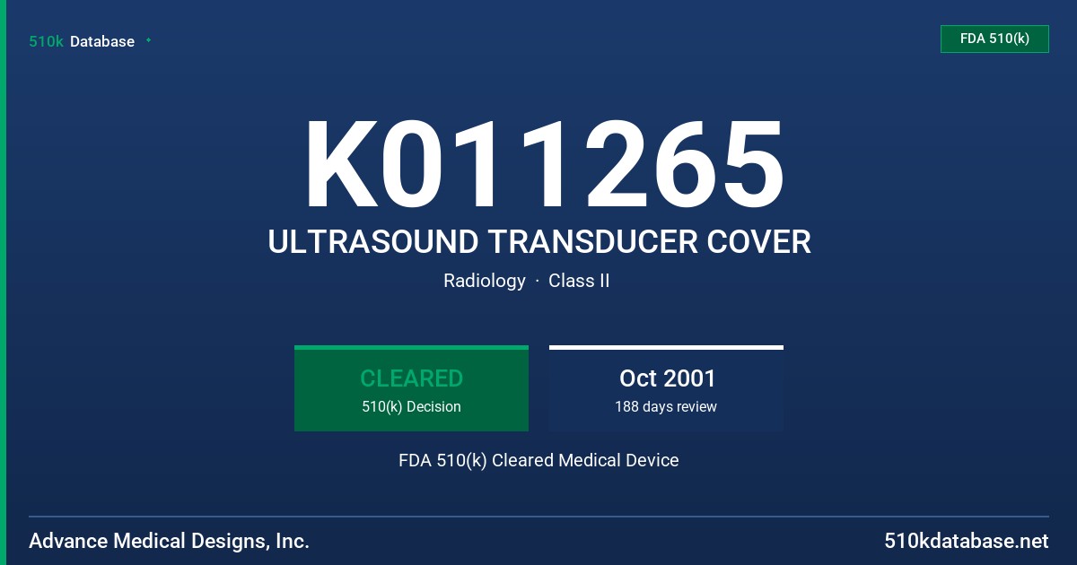 K011265 ULTRASOUND TRANSDUCER COVER FDA 510(k) Cleared Medical Device