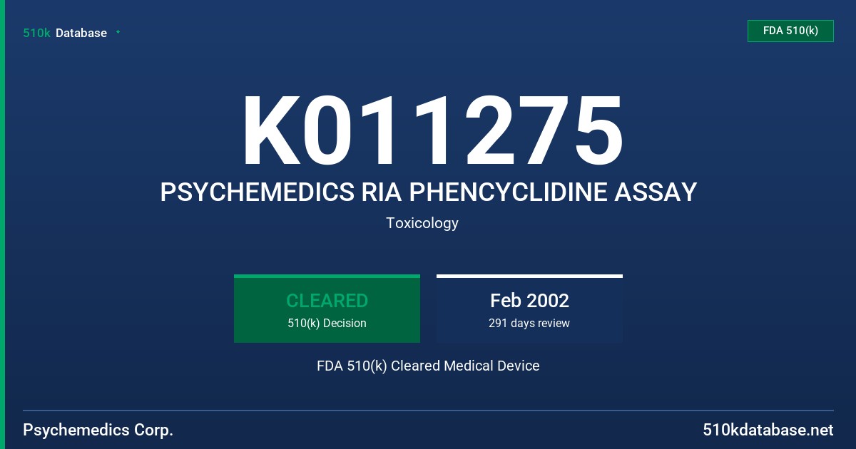 K011275 PSYCHEMEDICS RIA PHENCYCLIDINE ASSAY FDA 510(k) Cleared Medical Device