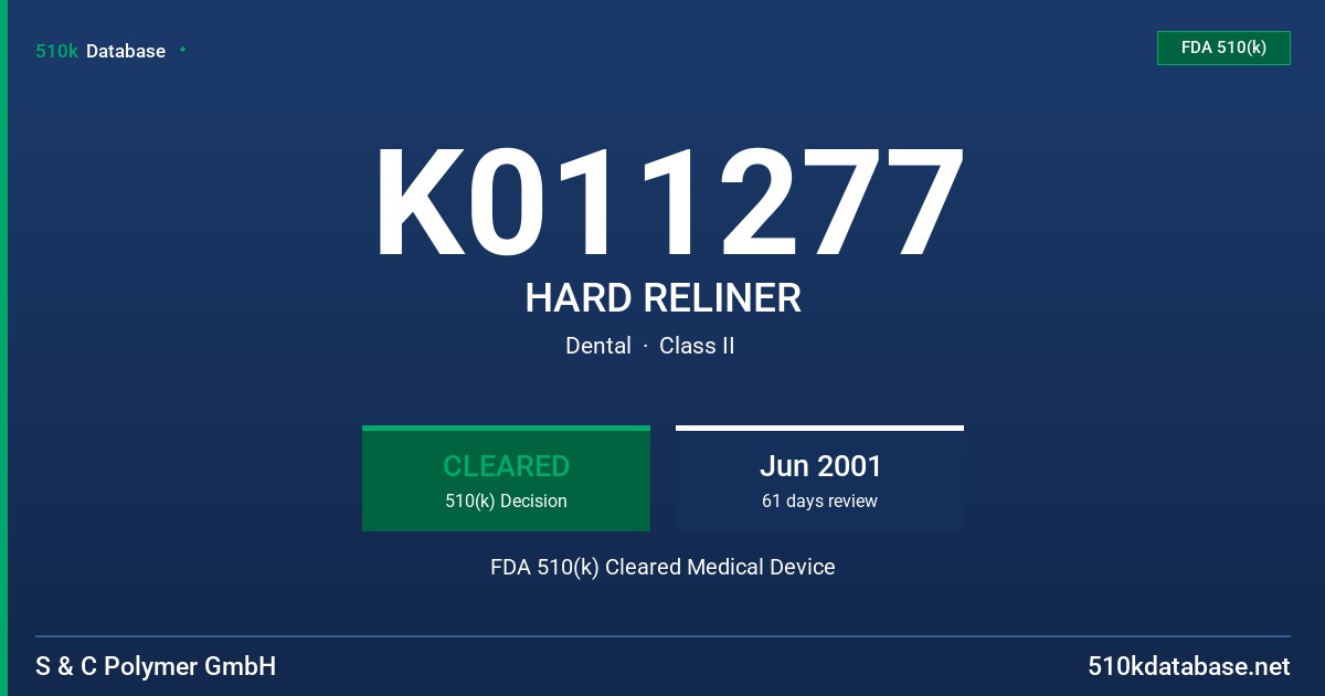 K011277 HARD RELINER FDA 510(k) Cleared Medical Device