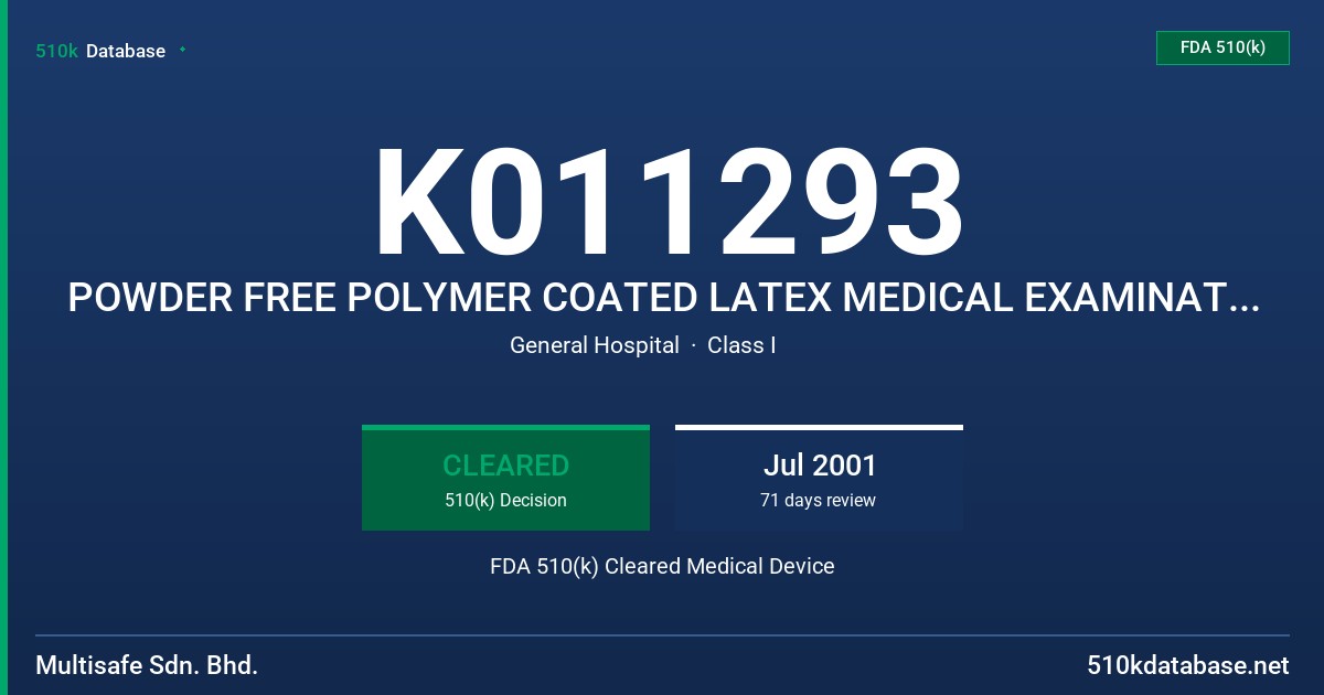 K011293 POWDER FREE POLYMER COATED LATEX MEDICAL EXAMINATION GLOVES, NON-STERILE W/ PROTEIN CONTENT LABELING CLAIM 50 MCG OR LES FDA 510(k) Cleared Medical Device